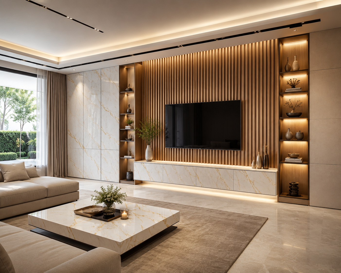 Luxury living room with wooden slat entertainment wall